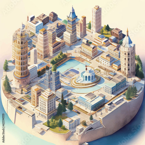 さまざまなビル群のアイソメ水彩イラスト Generative AI