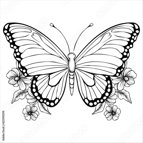 Butterfly with Flower, isolated on white background, vector illustration.