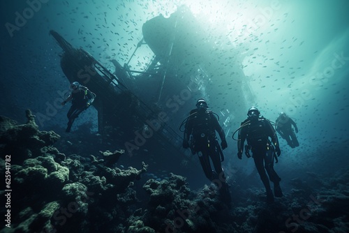 Photograph of people scuba diving undersea wrecks  Generative AI