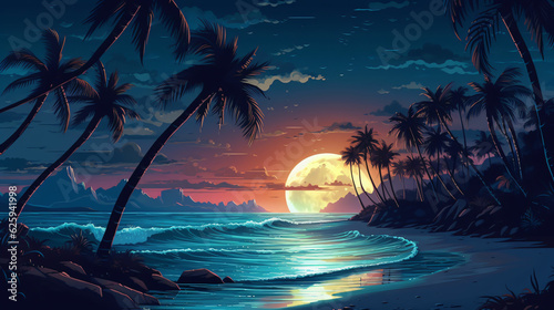 Tropical Beach At Night With Palm Tress and Full Moon