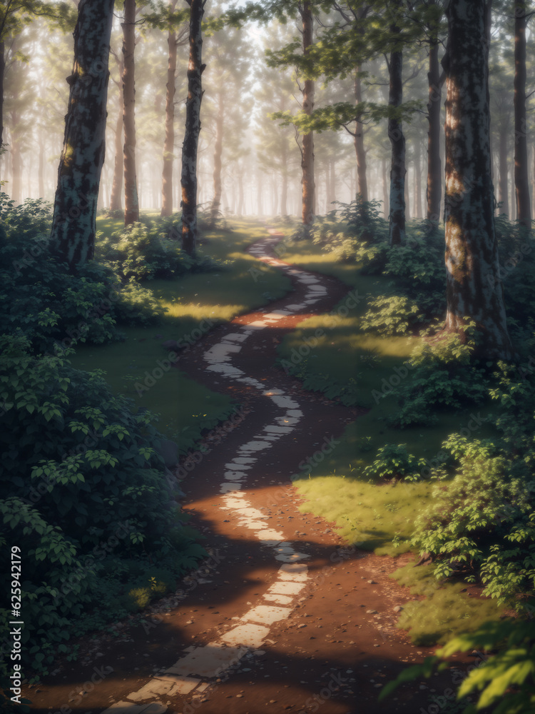The path through the forest in the morning mist. Beautiful nature background The path through the forest in the morning mist. Beautiful nature background