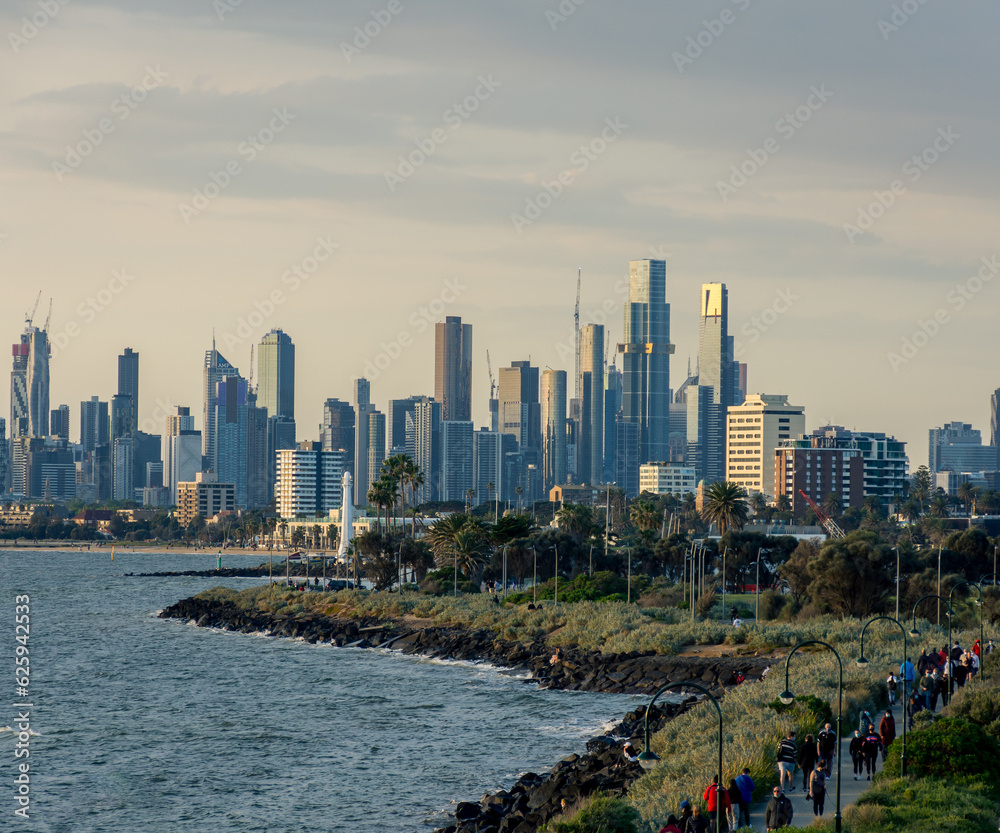 city skyline at sunset of Melbourne  