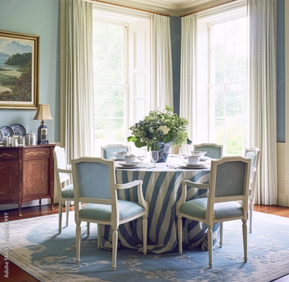 Dining room decor, interior design and house improvement, elegant table with chairs, furniture and classic blue home decor, country cottage style