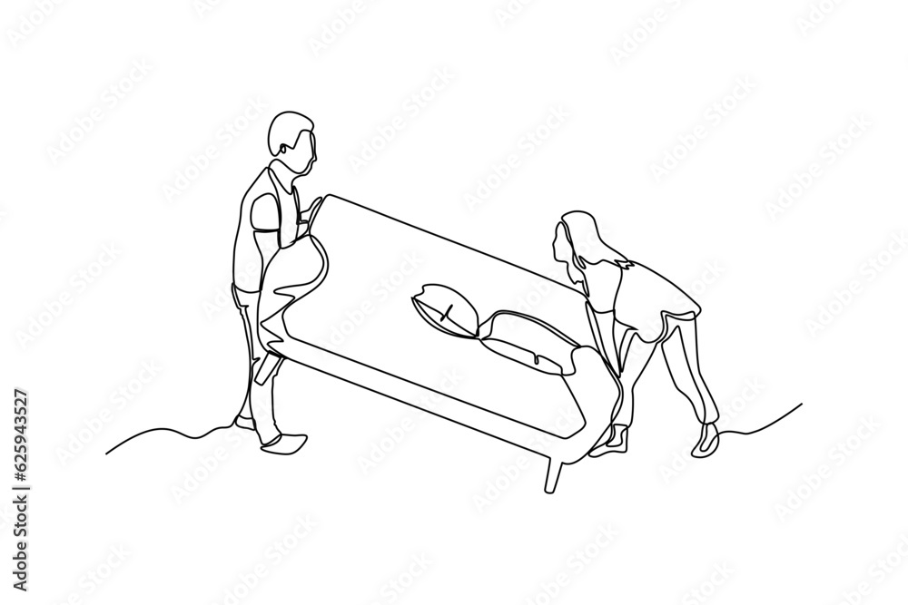 Continuous line vector illustration of person lifting couch