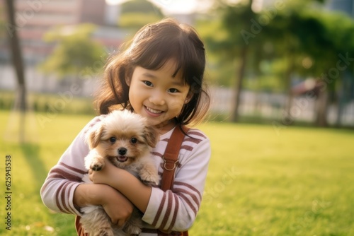 Cute asian child holding a little dog in the park.