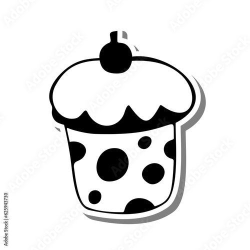 Monochrome Cupcake with Cherry on white silhouette and Gray shadow. Vector illustration for decoration or any design.