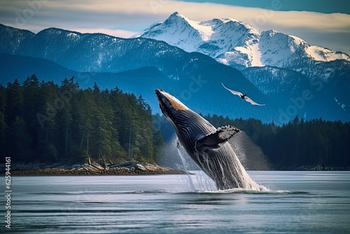 Inside Passage Adventure: Humpback Whale Watching on Luxury Alaska Cruise with Idyllic Mountain Landscape Views: Generative AI