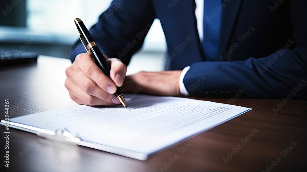 Close-Up of Businessman's Signature as He Signs Important Contract in Office: Generative AI Close-Up of Businessman's Signature as He Signs Important Contract in Office: Generative AI