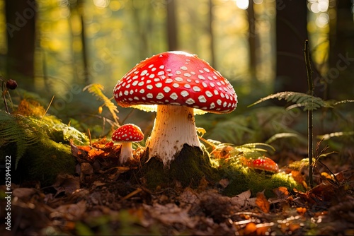 Red Fly Agaric Mushroom in Autumn Forest. Amanita Toadstool in Nature with Poisonous Fungal Agaric Characteristics. Generative AI