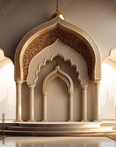 Islamic display podium with mosque window background, ramadan kareem, mawlid, isra miraj, eid al fitr adha, muharram, 3d illustration, generative AI