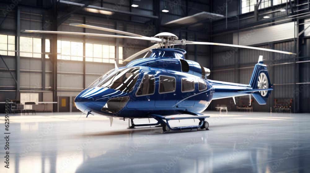 Passenger helicopter in hangar. Rotorcraft and aircrafts under maintenance. Checking mechanical systems for flight operations Passenger helicopter in hangar. Rotorcraft and aircrafts under maintenance. Checking mechanical systems for flight operations