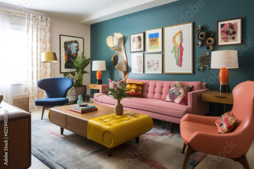 A colorful and eclectic living room inspired by mid-century modern design, with vintage pieces mixed with contemporary art and bold pops of color, generative AI   © Kien