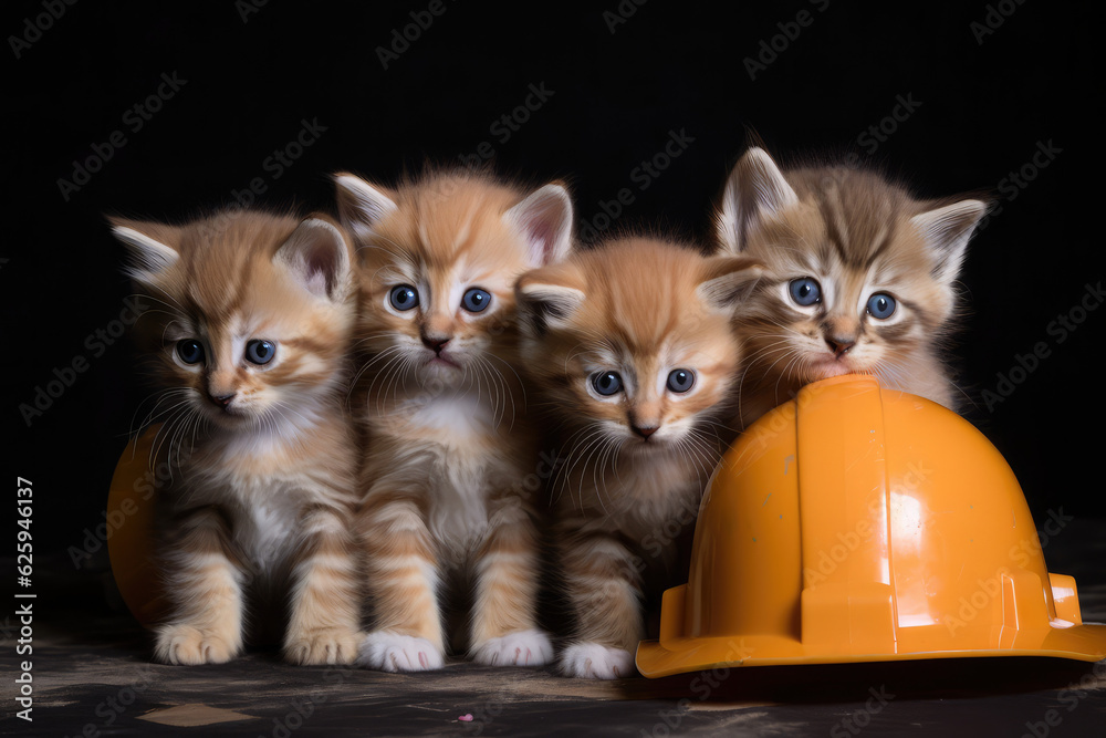 A group of small kittens wearing construction hats