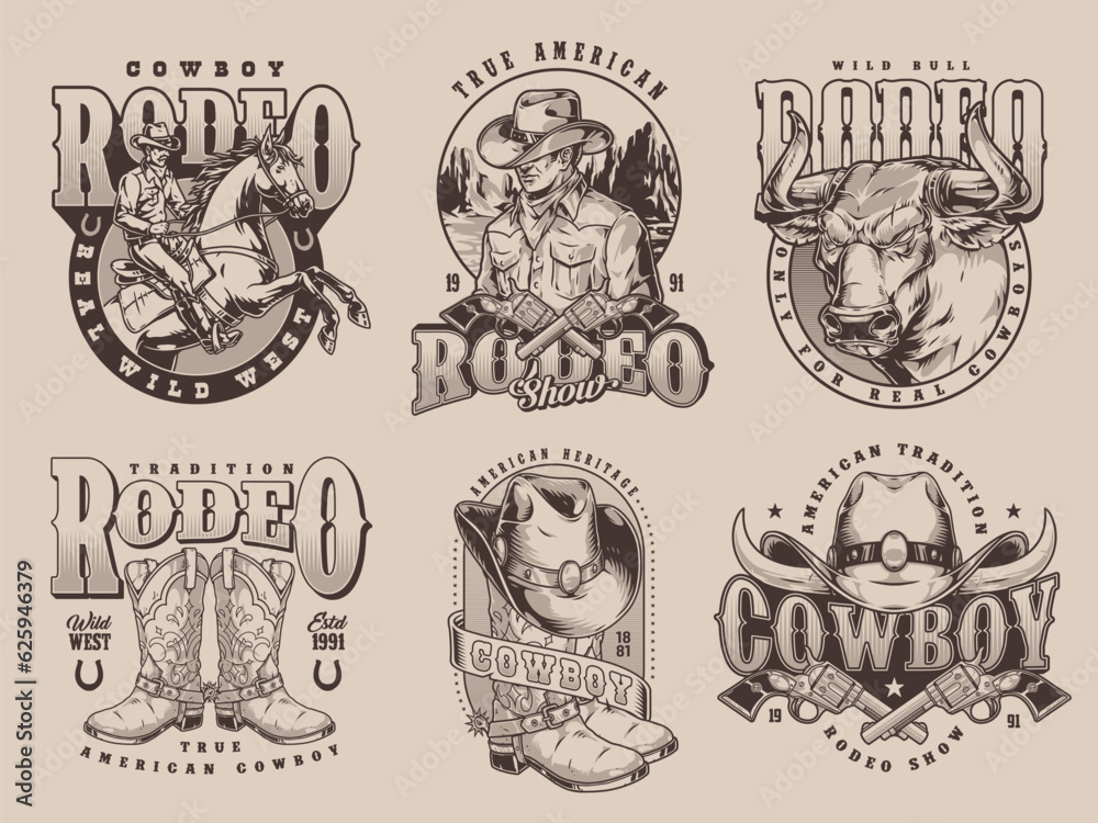 Traditional rodeo monochrome set posters