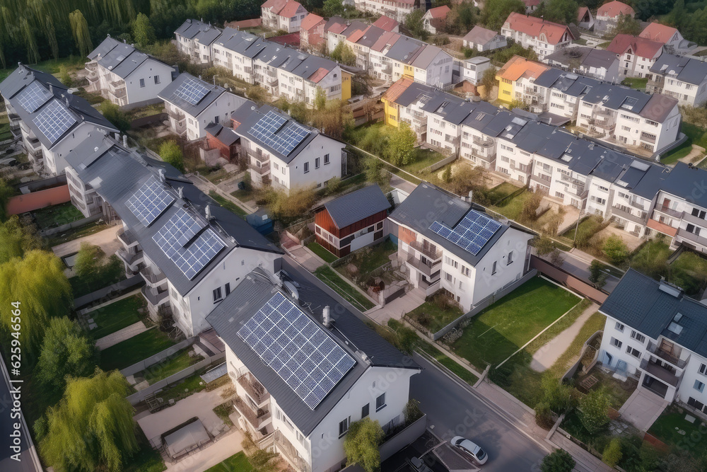 drone view of residential houses with photovoltaic solar panels. Alternative and Renewable energy concept