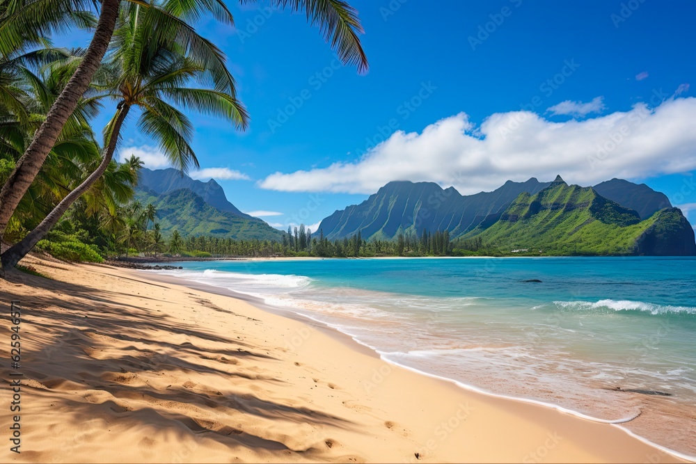 Tunnels Beach, Kauai: A Stunning Landscape View of Beach, Mountains and Sky. Generative AI