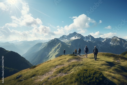 Photograph of people hiking in mountains with panoramic views, Generative AI © Nino43