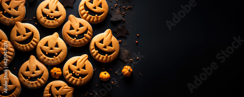 Delicious Halloween pumpkin biscuits closeup background