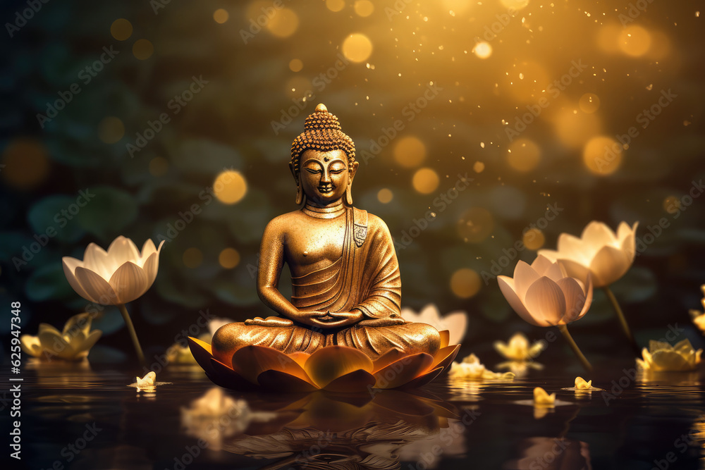 glowing Lotus flowers and gold buddha statue, generative AI	
