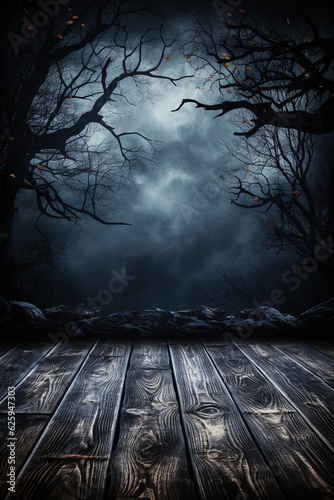 Old wood table and silhouette dead tree at night for Halloween background 