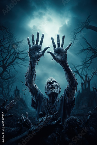 Zombie hand rising out of a graveyard in spooky night 