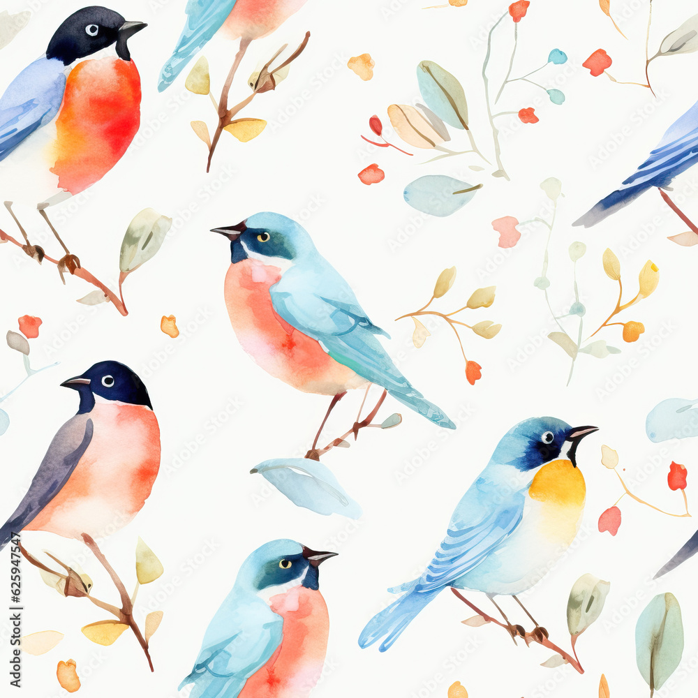 A watercolor painting pattern of birds sitting on a tree branch created with Generative AI technology