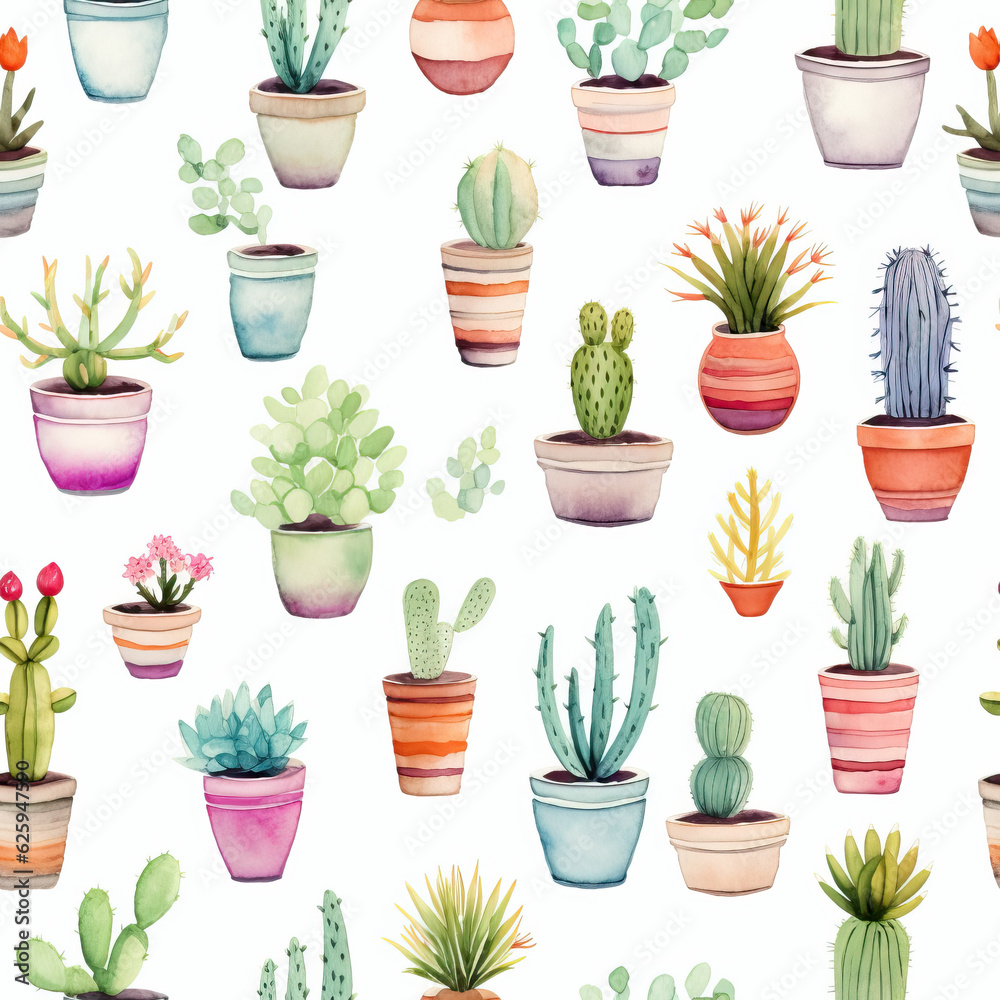 A watercolor cactus pattern with pink flowers created with Generative AI technology A watercolor cactus pattern with pink flowers created with Generative AI technology