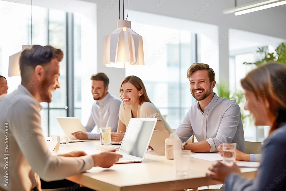 Obraz premium Group of happy business people working together in modern office. Teamwork concept. Generative AI