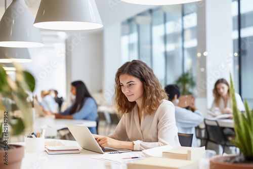 Confident young businesswoman working on laptop in office. Generative AI