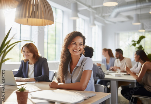 Happy young office worker at table in office, businesswoman. Generative AI