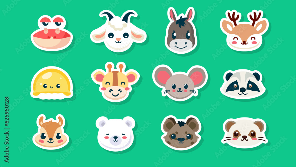 Set of stickers of cute wild animals faces, weasel, hyena, bear, squirrel, raccoon, giraffe, jellyfish, gazelle, donkey, goat, crab, flat vector illustration 
