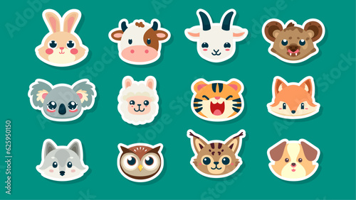 Set of stickers of cute wild animals faces, rabbit, cow, goat, hyena, koala, Llama, tiger, fox, wolf, owl, lynx, dog, flat vector illustration 