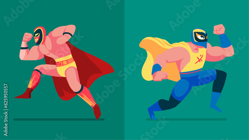 Mexican Wrestler Set with Mask Battle Acrobat Fighter Lucha Libre, different shapes, flat vector illustration cartoon 