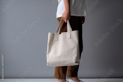 person is carrying a canvas tote bag. The tote bag mockup is white with grey background