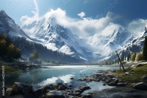 Photography of mountain landscapes with serene lakes and snow-capped peaks, Generative AI