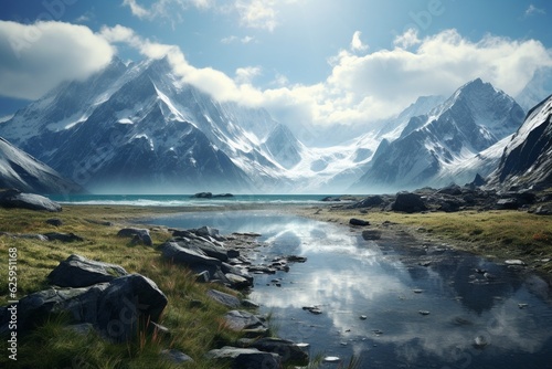 Photography of mountain landscapes with serene lakes and snow-capped peaks, Generative AI