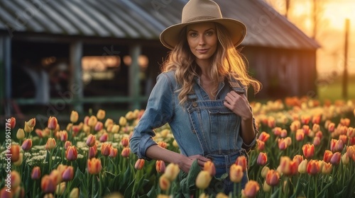 farmer woman grows flowers tulips © Aliaksei