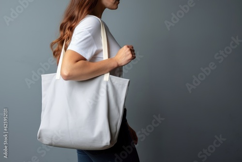 A woman is carrying a canvas tote bag. The tote bag mockup is white with grey background