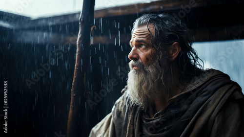 Portrait of the biblical Noah waiting for better weather and the return of the dove. Christian illustration.