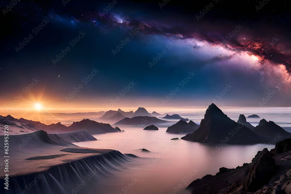Beautiful abstract lanscape with galaxy sky, cool wallpaper, generative ai