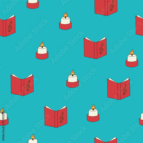 A Christmas candle and songbook seamless pattern on a background in a hand-drawn minimal xmas concept, Vector