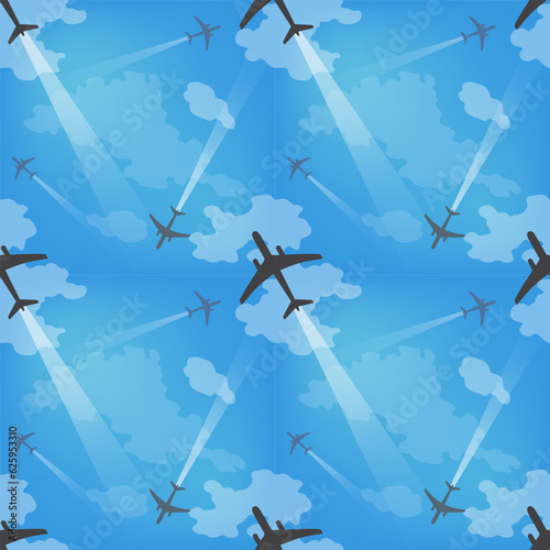 Gray planes in the blue daytime sky with white clouds. Seamless pattern, vector illustration, print, background