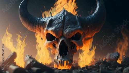 Bull skull on fire, Seamless Animation Video Background in 4K Resolution	 photo