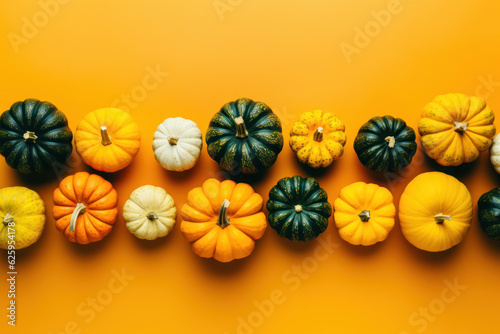 Top view of colorful pumpkins. Generative AI image.