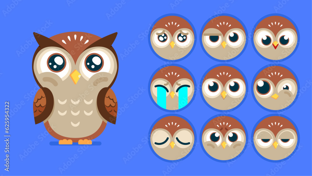 Cute owl, set of animal emotions, tiny owl with emoji collocation, sleeping, crying, sad, Bored, happy, excited, lovable, surprised, careless, confident, terrifled, stunned, Flat Vector avatar