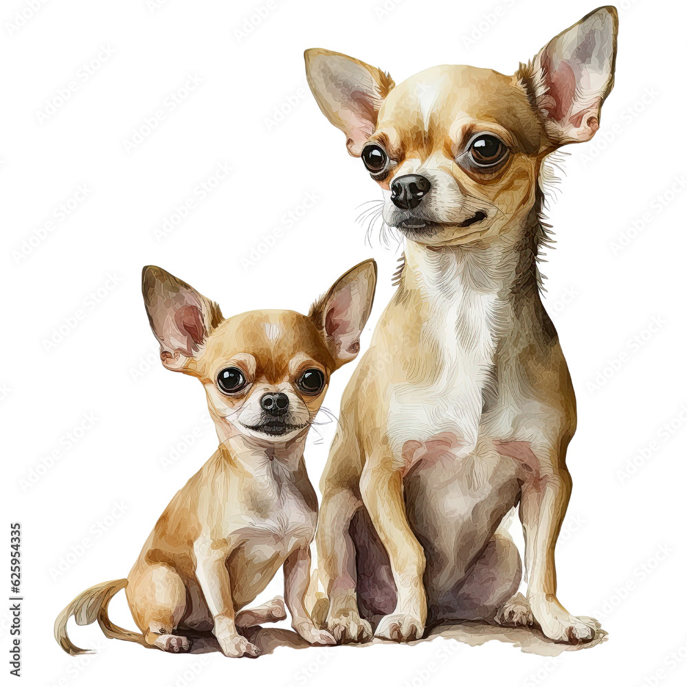 two chihuahua puppies isolated on white watercolor drawing, Generative AI
