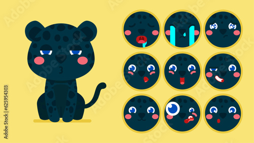 Cute Black Panther, set of animal emotions, tiny Panther with emoji collocation, sleeping, crying, sad, Bored, happy, excited, lovable, surprised, careless, confident, terrifled, stunned, Flat Vector