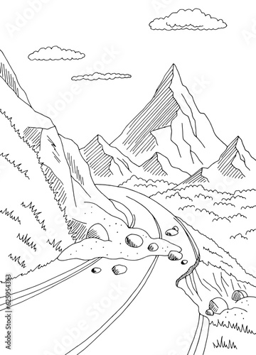 Landslide graphic black white mountains landscape vertical sketch illustration vector 