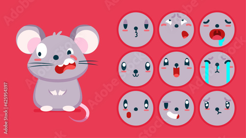 Cute mouse, set of animal emotions, tiny mouse with emoji collocation, sleeping, crying, sad, Bored, happy, excited, lovable, surprised, careless, confident, terrifled, stunned, Flat Vector avatar