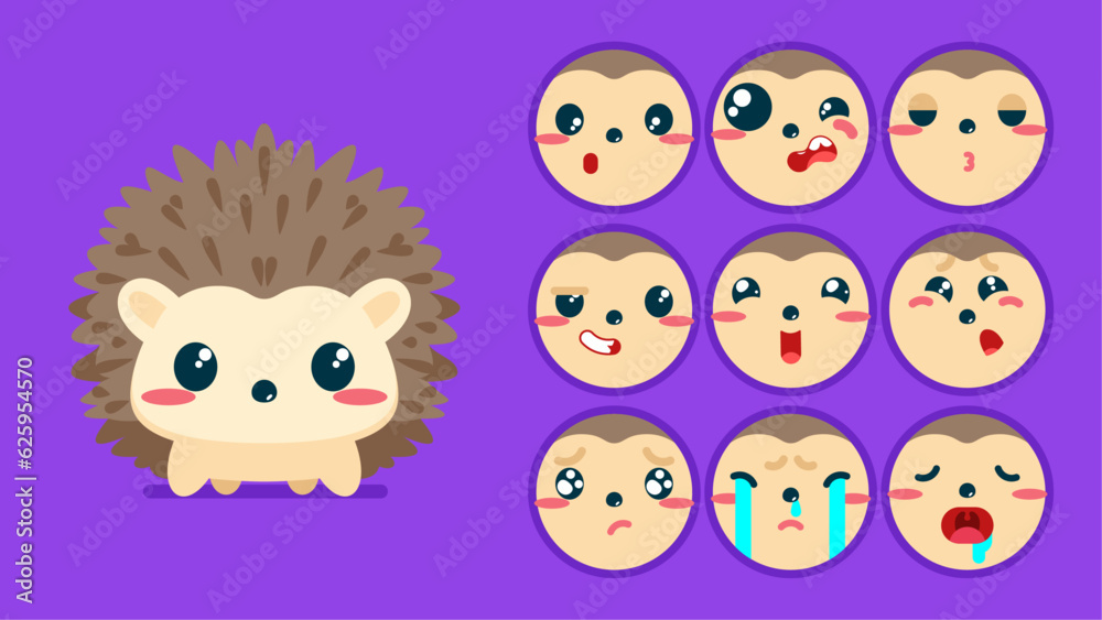 Cute hedgehog, set of animal emotions, tiny hedgehog with emoji collocation, sleeping, crying, sad, Bored, happy, excited, lovable, surprised, careless, confident, terrifled, stunned, Flat Vector Cute hedgehog, set of animal emotions, tiny hedgehog with emoji collocation, sleeping, crying, sad, Bored, happy, excited, lovable, surprised, careless, confident, terrifled, stunned, Flat Vector
